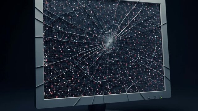 Dramatic cracked computer monitor screen with distorted circuit board background animation loop