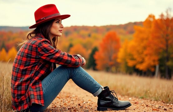 Woman sitting outdoors in autumn landscape with colorful trees and fallen leaves