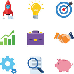 A collection of flat design business icons, including a rocket, lightbulb, target, graph, briefcase, handshake, gears, magnifying glass, and piggy bank