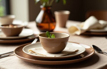 Fototapeta premium Elegant ceramic tableware arranged on a dining table with a blurred background of flowers and cups