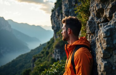 Naklejka premium A man in an orange jacket leans against a rocky cliff overlooking a mountain landscape at sunset
