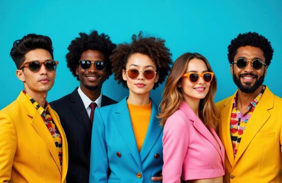 Diverse group of young adults wearing colorful outfits and sunglasses against a vibrant background
