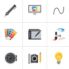 A collection of flat design icons representing creative tools and concepts