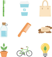 A collection of flat design icons representing eco-friendly and sustainable lifestyle choices