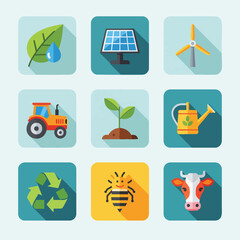 A collection of flat design icons representing sustainable agriculture, including farming, renewable energy, and nature
