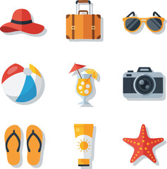 A collection of flat design icons representing summer vacation essentials including a suitcase, sun hat, sunglasses, beach ball, cocktail, camera, flip-flops, sunscreen, and starfish