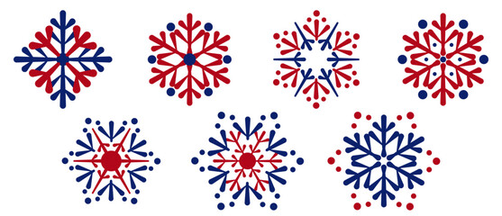 Selection of two-color snowflakes of various shapes for ornaments. Isolated geometric symbols with blue and red elements. Vector set of circle icons. Various shapes of snow symbols in flat style
