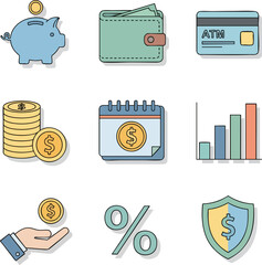 A collection of flat, stylized icons representing financial concepts like savings, currency, credit cards, and investment growth