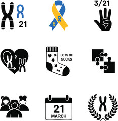 A collection of icons representing Down Syndrome awareness, including chromosomes, ribbons, puzzle pieces, socks, and calendars marked March 21st