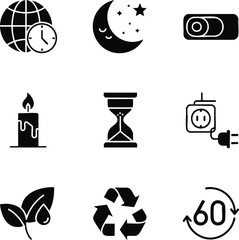 A collection of minimalist black glyph icons on a white background. Features symbols for time, energy, environment, and settings