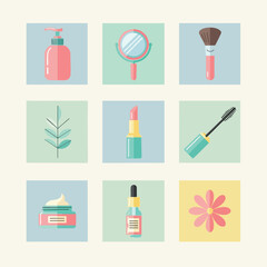 A collection of modern flat design beauty and cosmetic icons. This vector illustration includes skincare, makeup, and natural elements