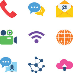 A collection of modern, flat design icons representing communication and technology