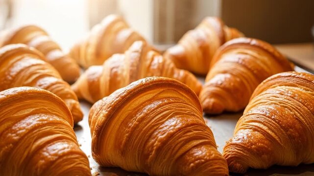 Golden Brown Croissants Freshly Baked on a Tray Ready to Eat.