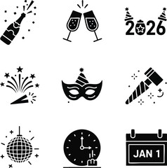 A collection of New Year's Eve celebration icons in silhouette style