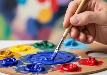 Woman hand dipping paintbrush into blue paint on artist palette. Creative hobby activity for art workshop or painting class.