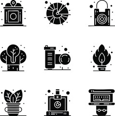 A collection of nine black and white glyph icons representing concepts like technology, nature, business, and innovation