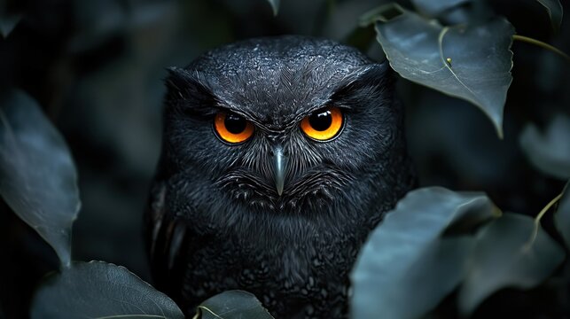 Close - up of a Black Owl with Intense Orange Eyes Peeking through Foliage