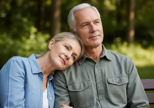 Woman resting head on man shoulder outdoor. Caucasian couple on bench in park. Trust, support, love and thoughtful senior lifestyle concept. - Powered by Adobe