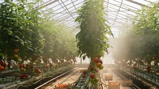 Tomato plants with ripe fruits in a greenhouse filled with sunlight