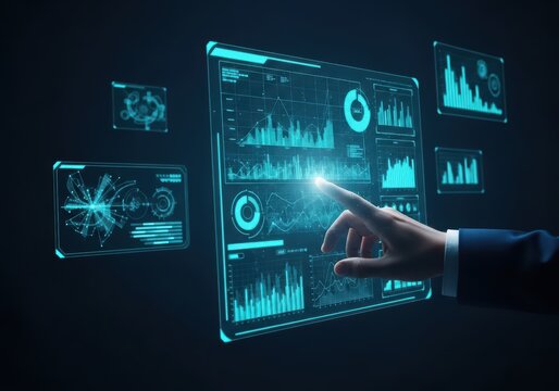 Mans hand touching virtual business analytics display. Digital dashboard with financial charts and graphs for data analysis and strategy.
