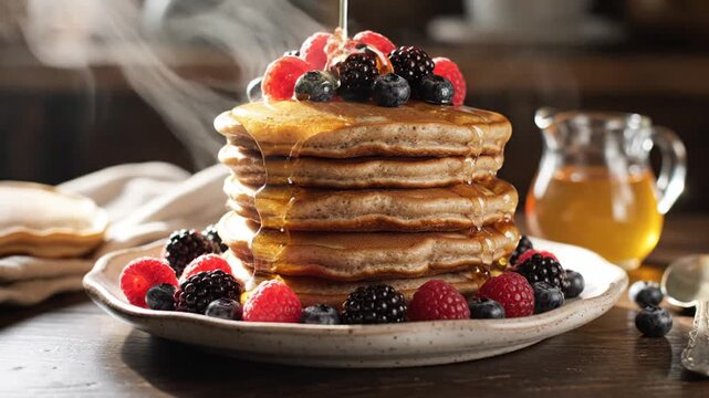 Stack of pancakes with berries and syrup food photography