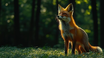 Naklejka premium Red Fox Standing Alert in a Sunlit Grassland