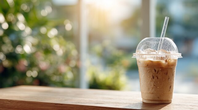 Transparent cup with iced coffee, latte, ice cubes visible, dome lid and straw, professional product mockup for branding, advertising, packaging or promotional design.	
