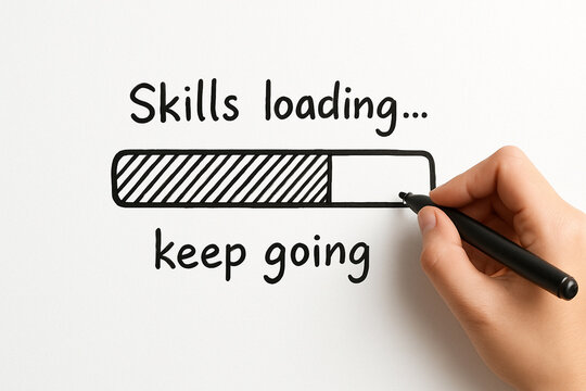 Skills loading progress bar — keep going message on white — perseverance and practice