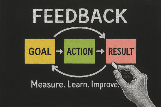 Feedback cycle diagram on chalkboard — goal → action → result framework for business training