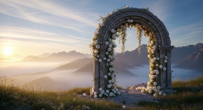 Ancient stone archway overlooking misty mountain landscape at sunrise