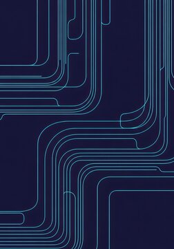 Abstract blue neon lines creating a circuit board pattern. Digital technology and data connection concept. Futuristic dark background for web design.