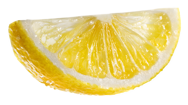lemon slice, juicy citrus wedge with translucent pulp, isolated on white background