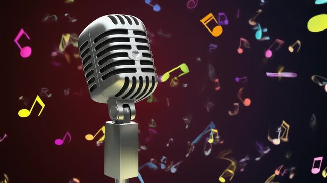 Retro microphone, vibrant musical notes, dark background. Possible use stock photo for music, concerts, or entertainment