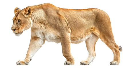 Obraz premium lioness walking forward in natural light, majestic predator, isolated on white background