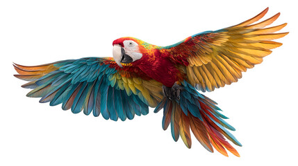 Obraz premium macaw parrot flying midair, colorful feathers, isolated on white background