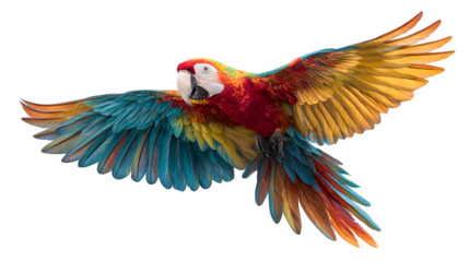 macaw parrot flying midair, colorful feathers, isolated on white background