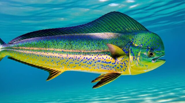 Colorful Mahi Mahi Fish Swimming in the Ocean, a Beautiful Underwater Scene