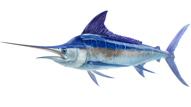 majestic blue marlin fish with pointed bill, swimming pose, isolated on white background