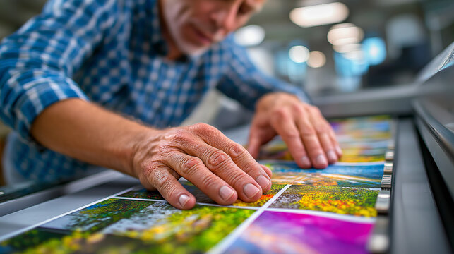 Print shop operator aligning CMYK plates, checking registration marks, realism, prepress, precision, production, with copy space