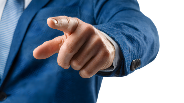 male arm in formal blue jacket pointing forward, realistic gesture cut-out, isolated on white background