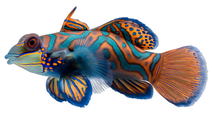 mandarinfish swimming with vivid orange and blue colors, tropical marine beauty, isolated on white background