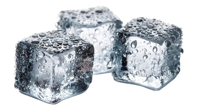 melting ice cubes with condensation droplets, refreshing cold texture, isolated on white background