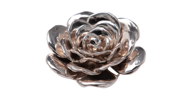 metallic rose brooch with polished petals, elegant jewelry accessory, isolated on white background