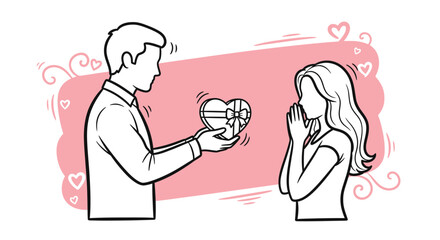 Fototapeta premium A man gifting a heart shaped present to a surprised woman