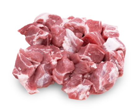 A pile of raw, freshly cut meat chunks, showing lean muscle and fat, isolated against a clean white background.PNG