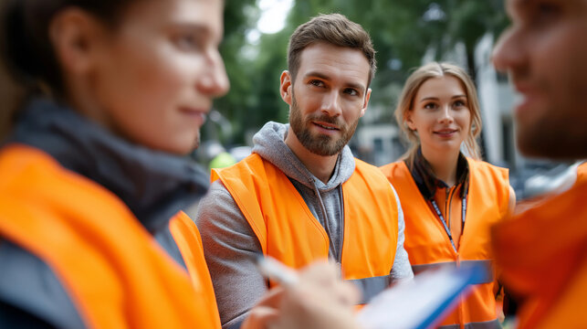 End of day: crew debrief at tailgate, noting lessons learned for tomorrow, realism, teamwork, continuous improvement, professional pride, with copy space