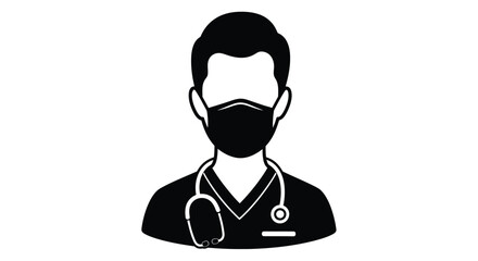 A simple black silhouette of a doctor wearing a face mask and stethoscope