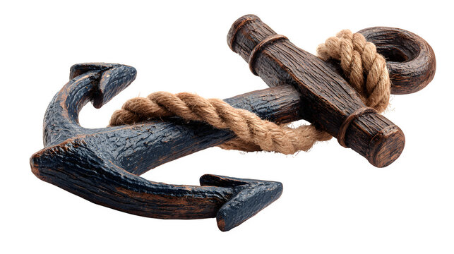 nautical anchor with rope, maritime symbol of stability and travel, isolated on white background - Powered by Adobe