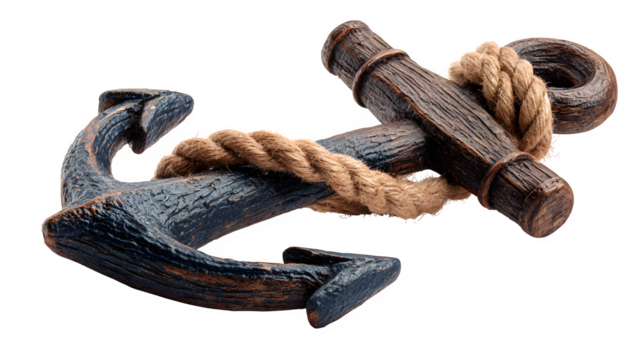 nautical anchor with rope, maritime symbol of stability and travel, isolated on white background
