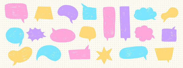Colorful vector crayon speech bubbles set in pastel pink, blue, yellow, and purple, textured vector shapes for kids design, chat decoration, and social media elements